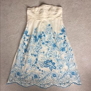 Anthropologie Cream and Blue Embroidered Dress